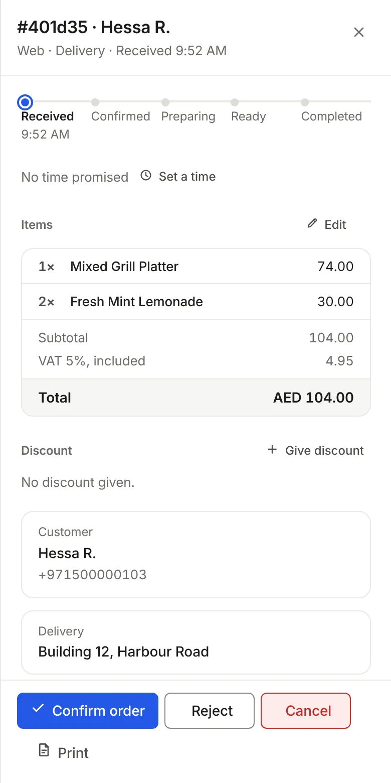 One order open on a phone in COVR: its stages, items, VAT, total and the next action